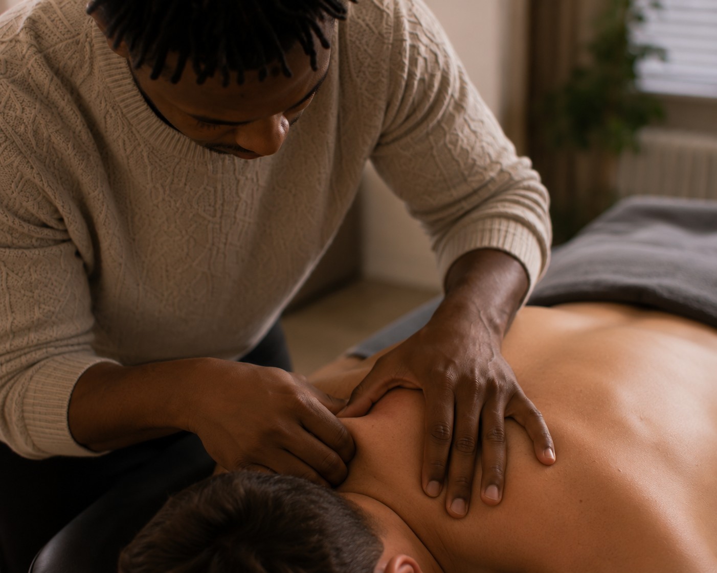 Mobile sports massage therapist treating upper back tension during a home session in Coventry